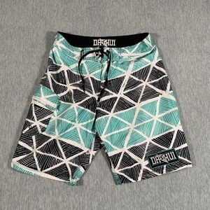 Da Hui Board Shorts Mens 32 Teal Black Geometric Quick Dry Swim Trunks Surf